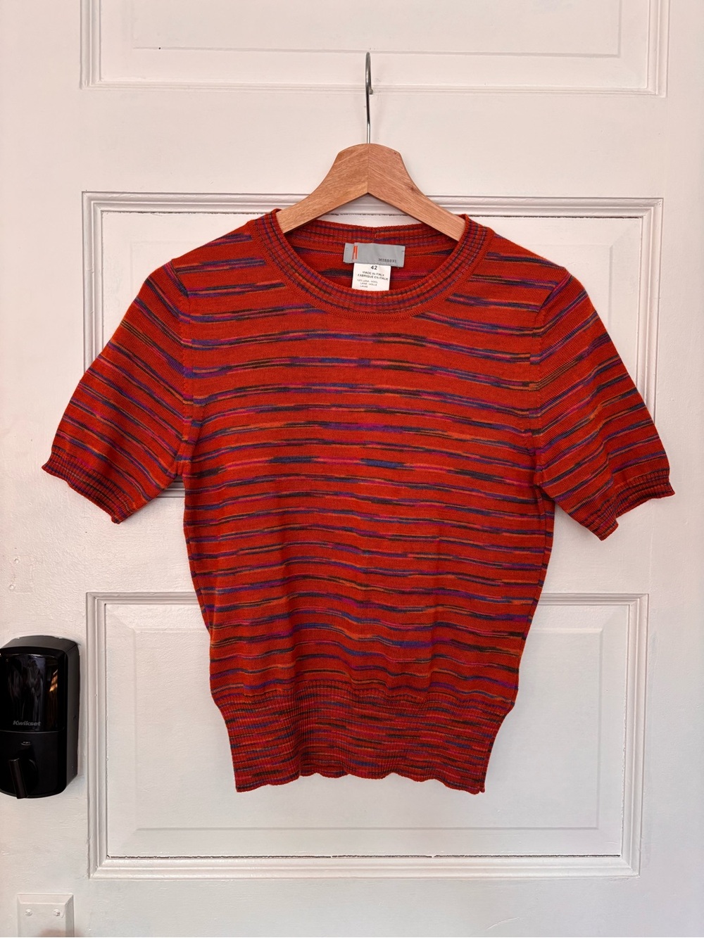 Missoni Red Striped Short Sleeve Knit Top with Blue Accents